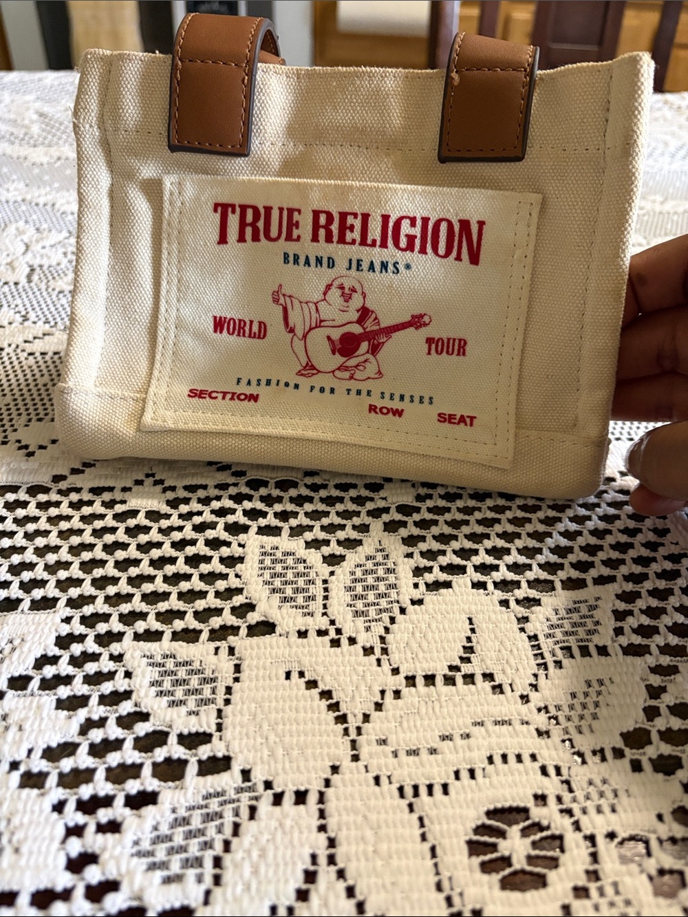 True Religion Cream Canvas Mini Tote with Brown Handles and Red Logo